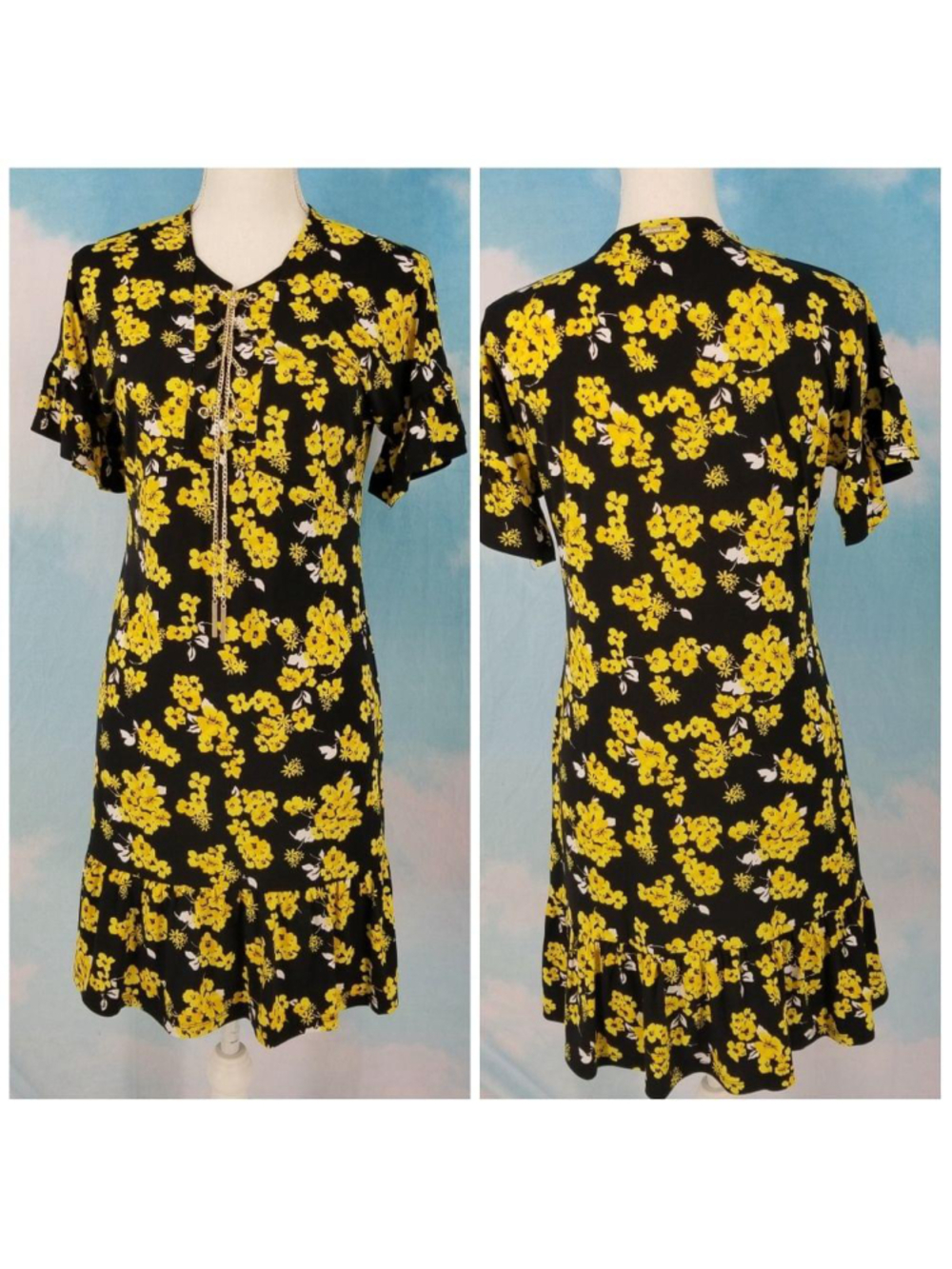 Michael Michael Kors Painterly Floral Chain Lace-Up Dress NWT Matte Jersey